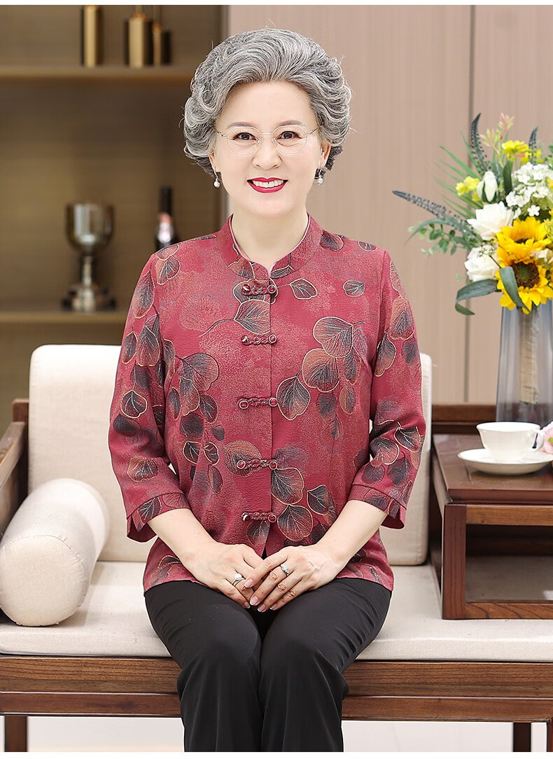 荨积中老年人夏装衬衫女奶奶套装老太太服装老人衣服妈妈装春夏唐装