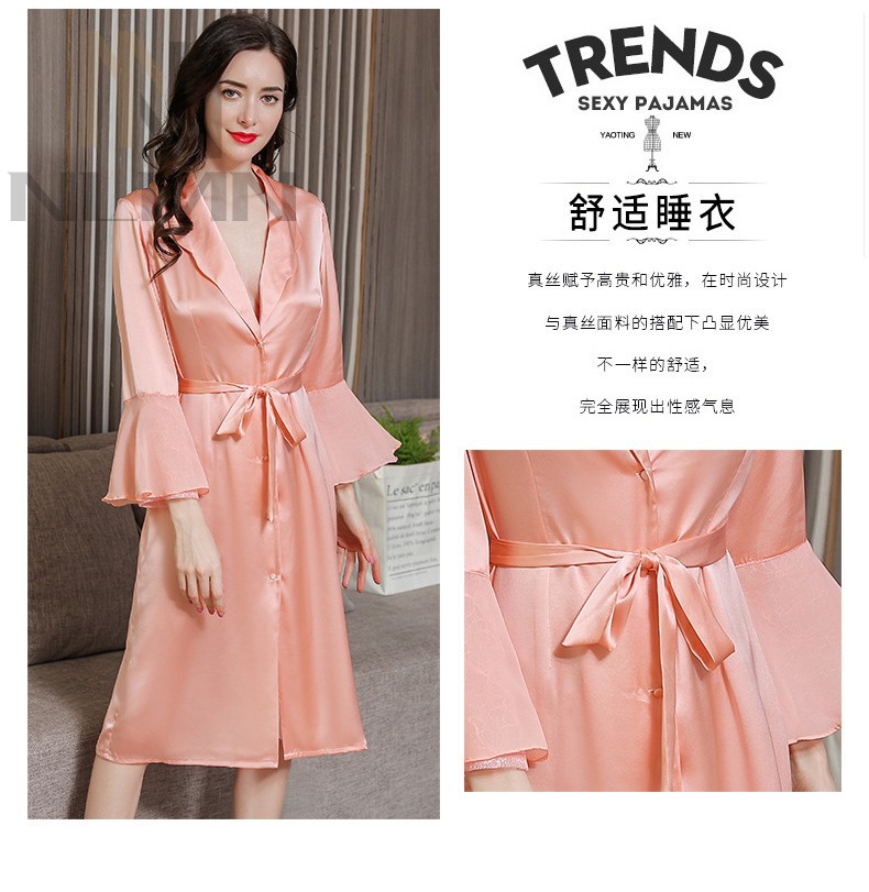 nlmn真丝睡袍女新款简约舒适桑蚕丝睡衣性感浴袍可外穿家居服粉色l