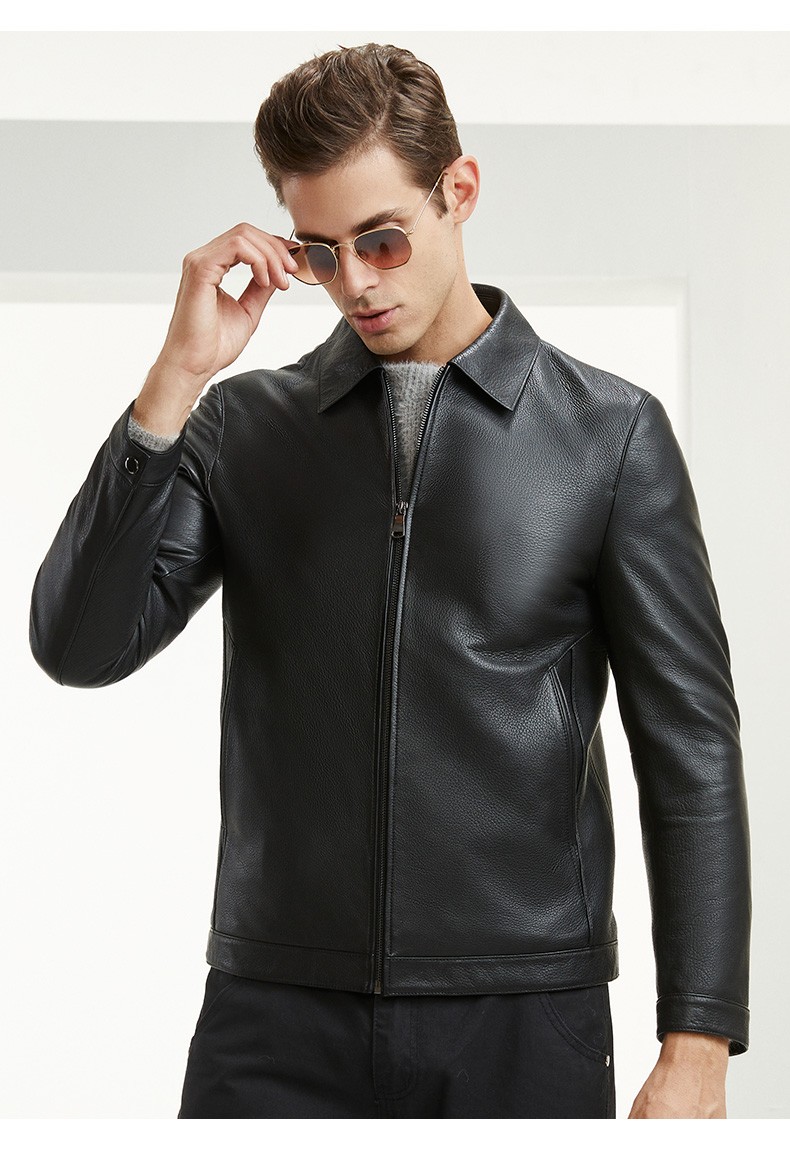 雪豹秋冬真皮皮衣男士头层鹿皮翻领商务休闲修身夹克外套海宁黑色170