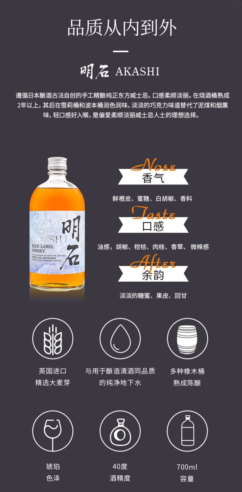 akashi明石威士忌网红日本原瓶进口入门洋酒威士忌 蓝标威士忌700ml单