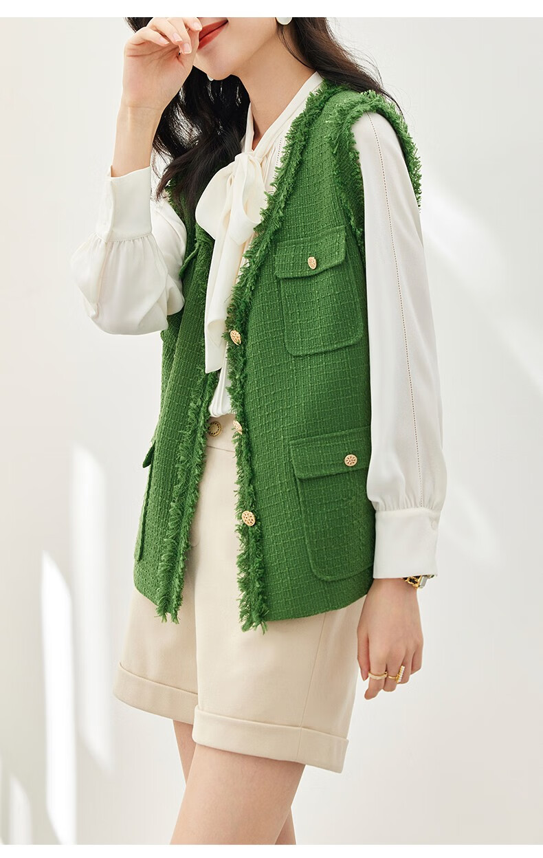 osa欧莎小香风粗花呢百搭马甲背心外套女士秋冬季2022年新款 绿色a m