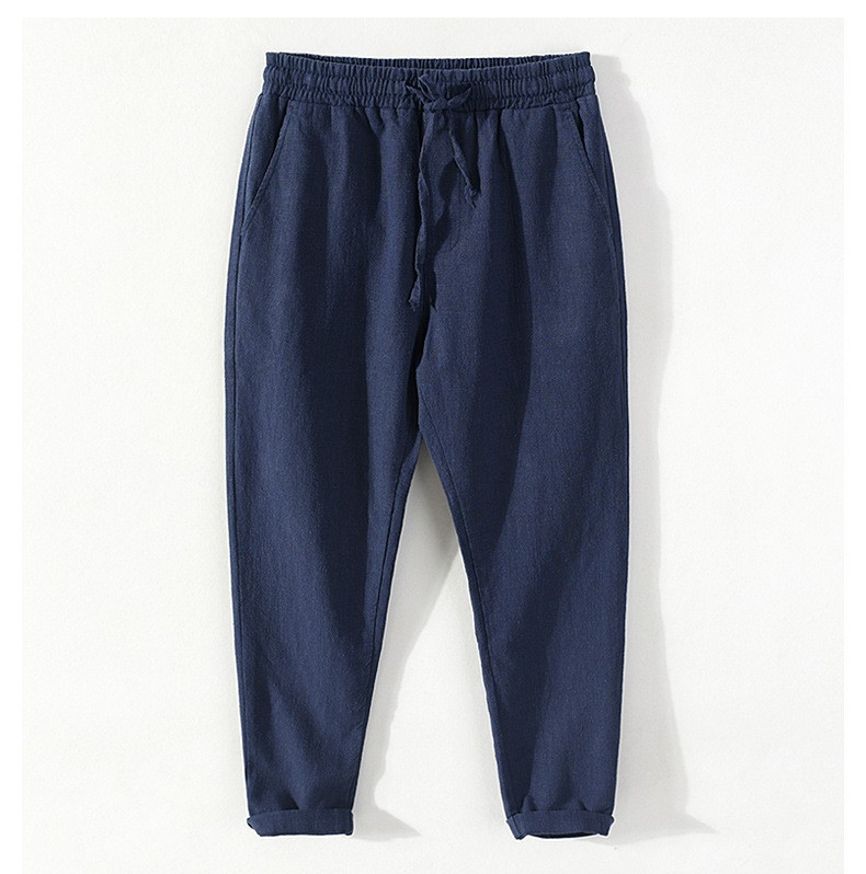 lisse夏季新款男士中腰苎麻裤子系绳松紧腰棉麻料透气休闲九分裤 宝