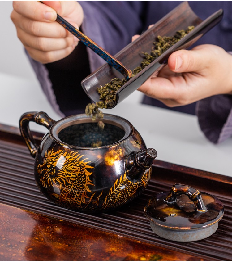 宇来喜漆器茶具名家连宏达建阳建盏茶壶纯手工大漆家用陶泡茶龙壶大漆