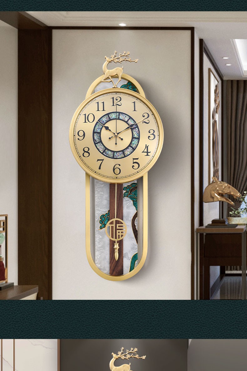 挂钟客厅家用新中式珐琅彩贝壳挂墙挂表纯铜轻奢钟表时钟皮革表盘其他