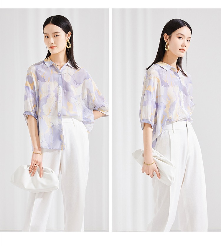 春竹2022春夏新品桑蚕丝短袖衬衫女花色宽松气质显瘦百搭上衣白印黄m
