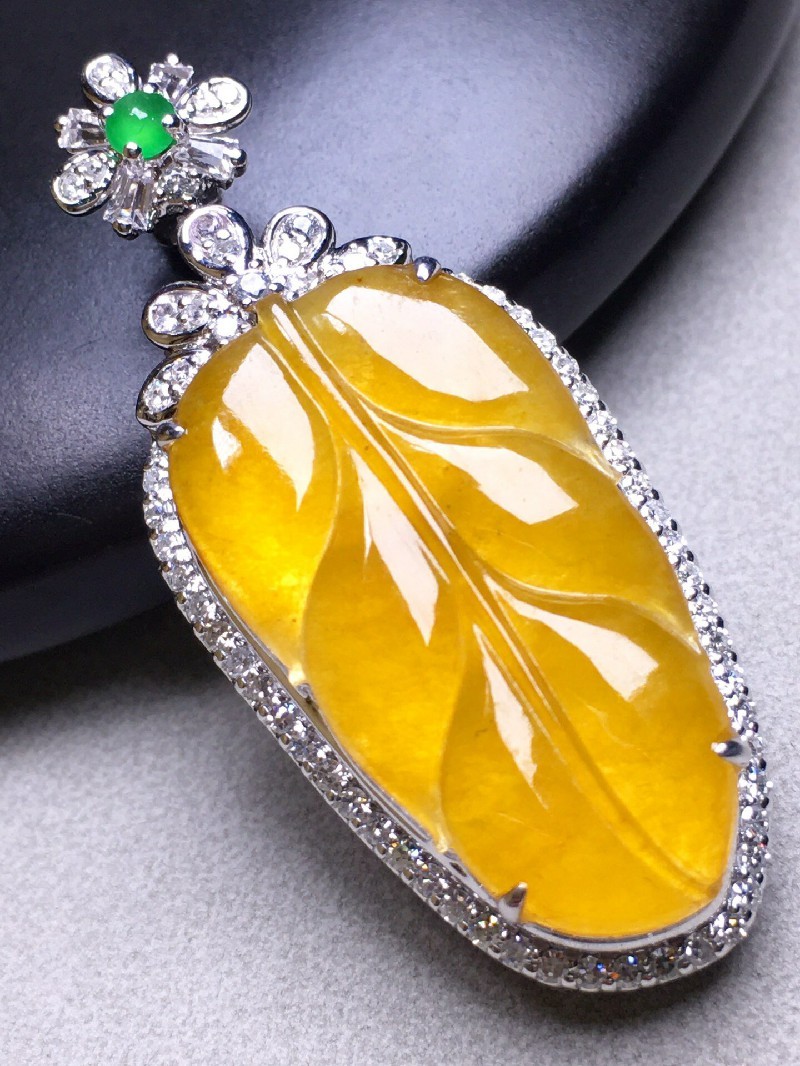 发源地 黄翡叶子吊坠 冰种翡翠18k金镶嵌缅甸a货玉石珠宝首饰手串送