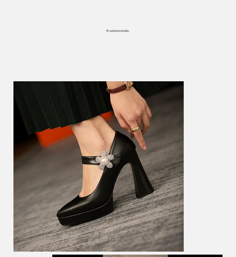 一米路高跟单鞋女牛皮尖头浅口鞋一字扣带防水台厚底粗跟皮鞋恨天高