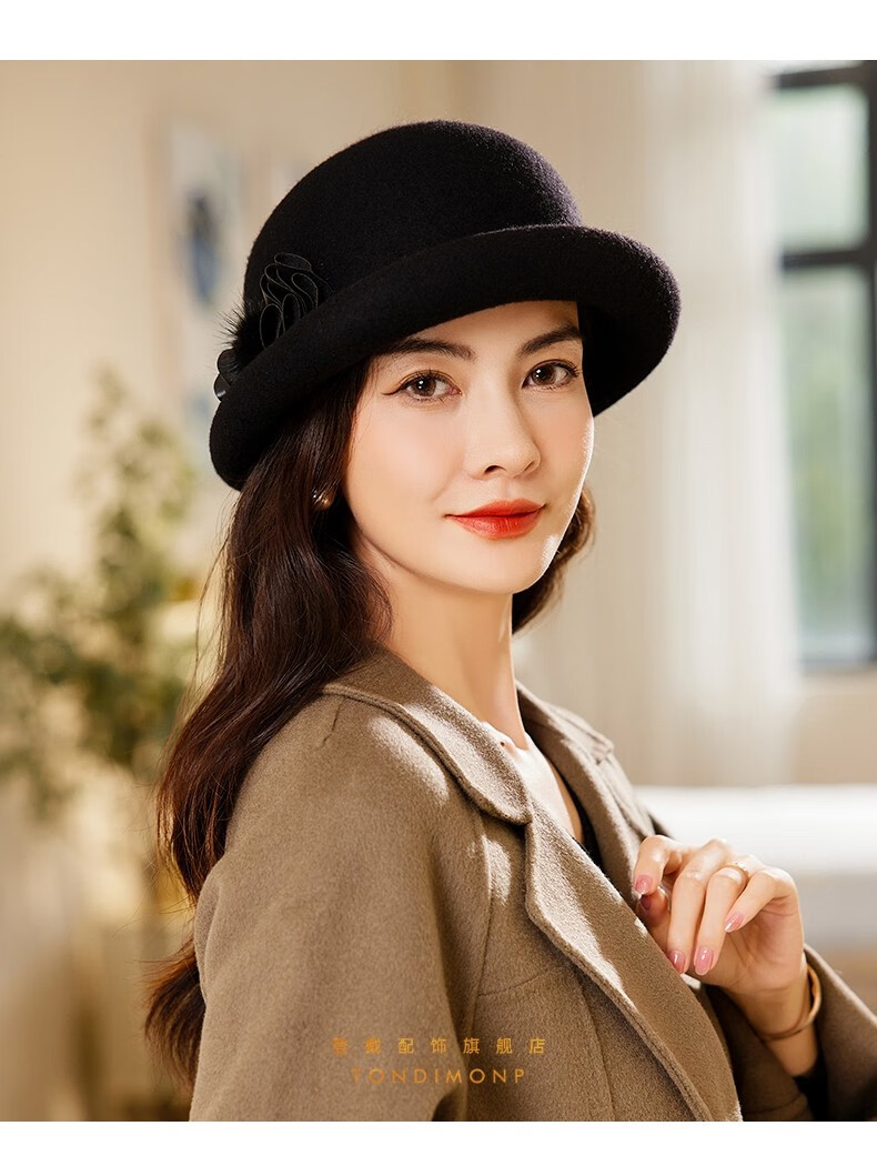 登戴品牌礼帽女秋冬新款英伦羊毛呢帽卷边复古圆顶定型帽贴皮毡帽