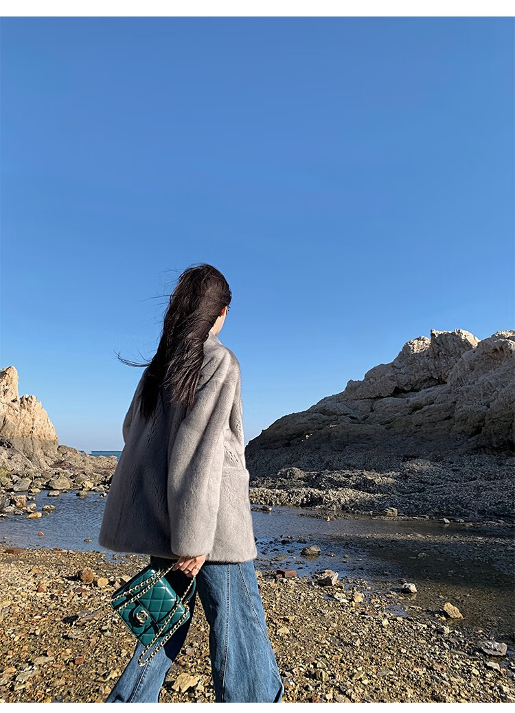 狄派斯 进口貂皮大衣女士小母貂整貂水貂天鹅绒年轻皮草外套 银蓝貂