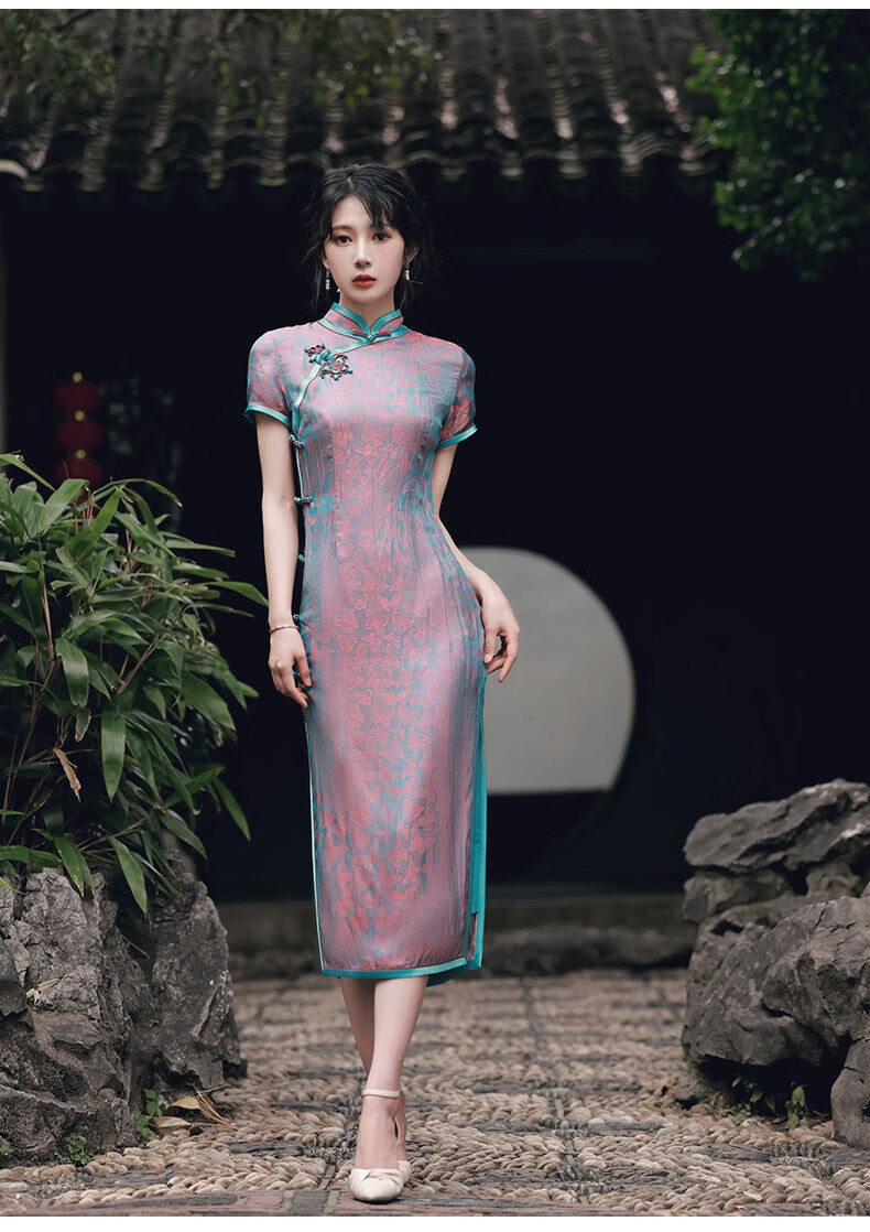 彪文旗袍民国老上海军阀太太旗袍裙复古长款妈妈婚宴婆婆礼服炫彩粉m