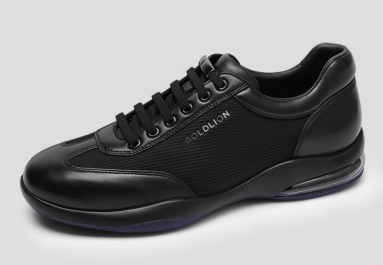 金利来男鞋2022春季新款运动休闲皮鞋男士减震真皮气垫跑鞋运动鞋黑色