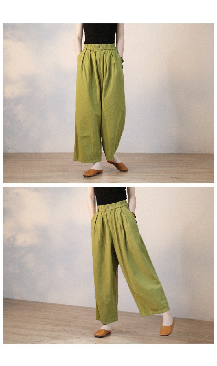 偶蔓文艺宽松大码棉布长裤春季百搭直筒阔腿休闲裤女2022新款草芥绿