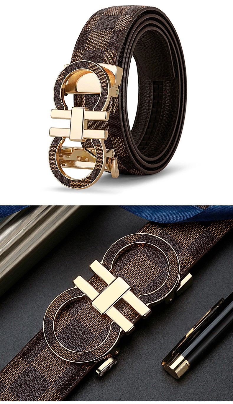 gdgx品牌男士皮带真皮腰带男自动扣头层牛皮新潮时尚格纹商务休闲百搭