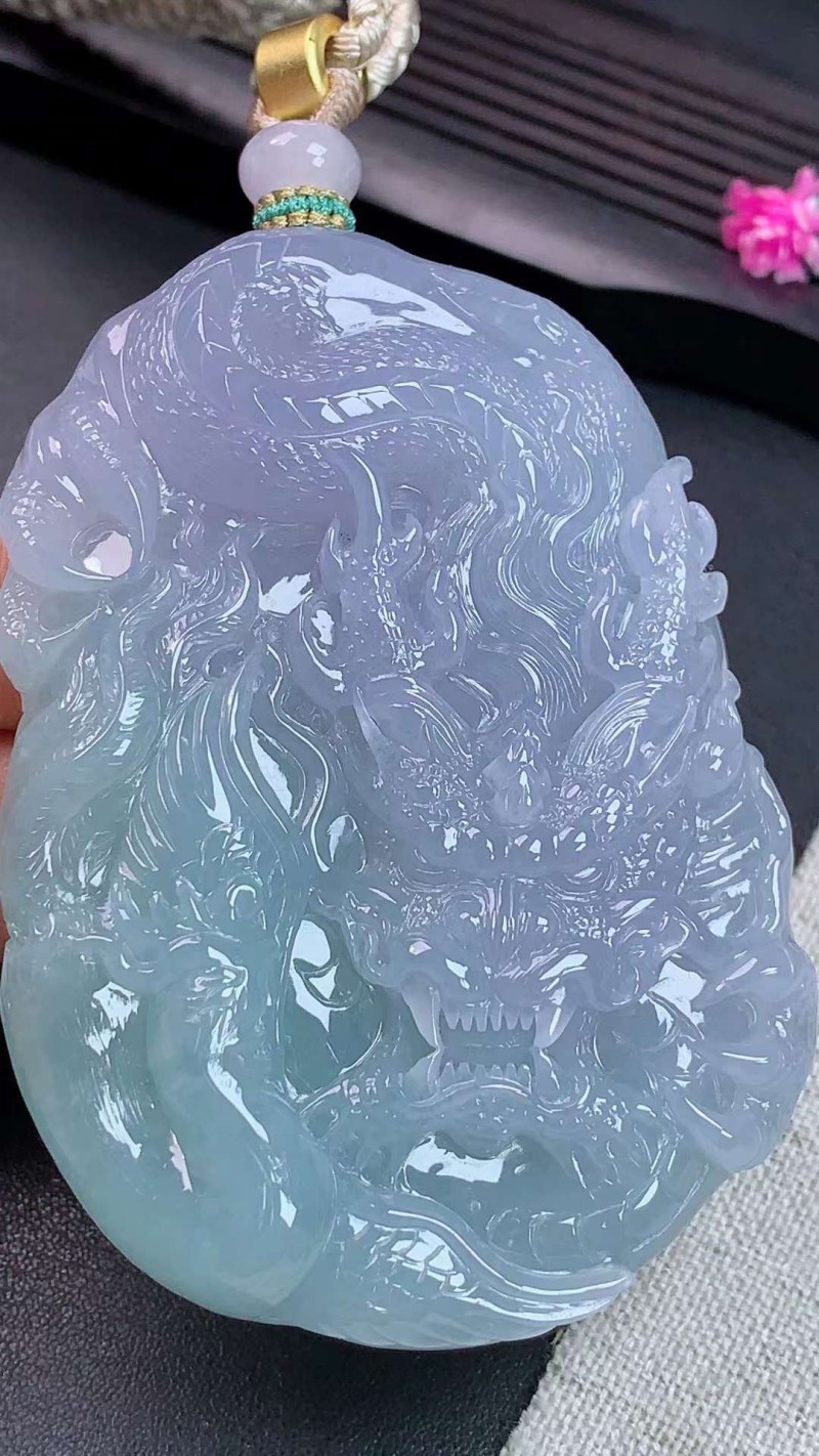 源头翡翠双彩神龙护主吊坠缅甸a货翡翠玉石挂件男士首饰项链收藏