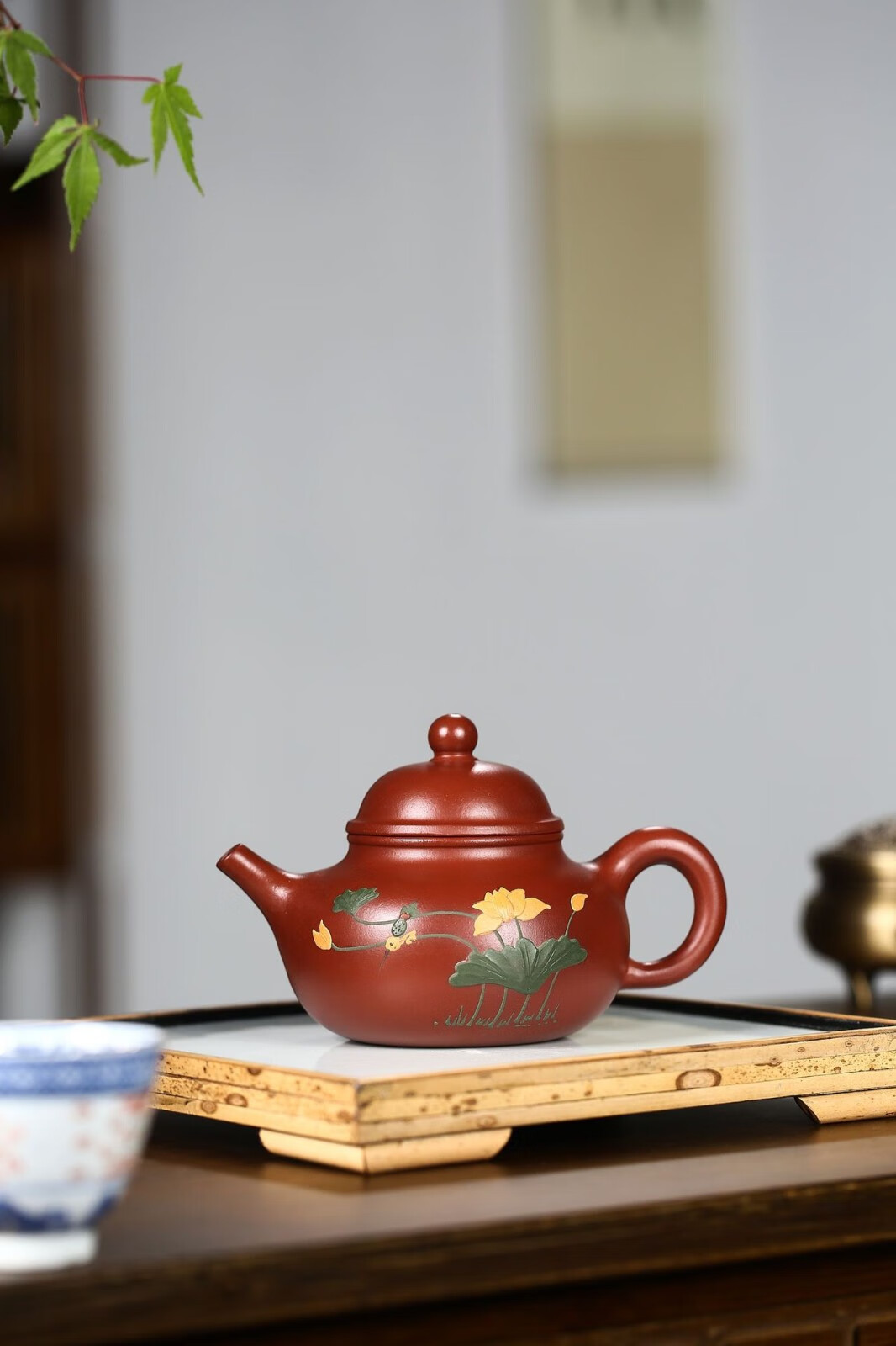 玺翰雅宜兴紫砂壶名家王国望纯全手工泥绘荷趣容天壶原矿大红袍功夫