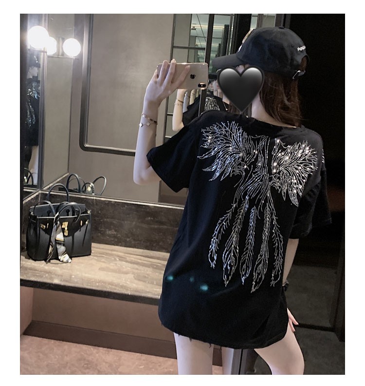 madcortes原创设计感2022夏装新款潮牌烫钻翅膀短袖t恤女宽松中长款网