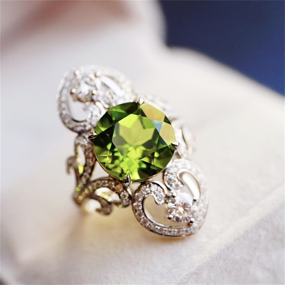 宥熙珠宝天然橄榄石戒指彩色宝石9k金镶嵌裸石重量566ct晶体通透附