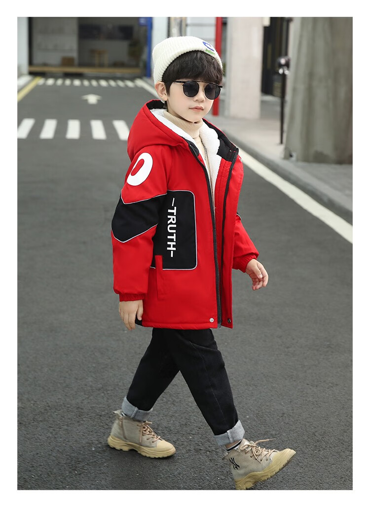 卡兔蓝猫童装 男童加绒加厚外套秋冬新款 男孩保暖棉服潮 红色 韩版