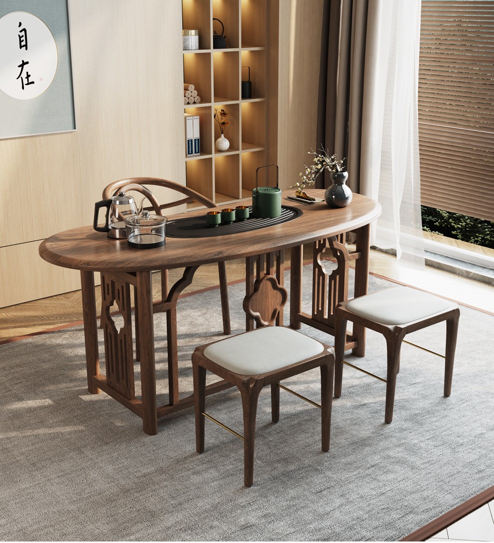 慕尼思丹 茶台 实木茶桌椅组合 新中式胡桃木设计师茶桌 大小户型阳台
