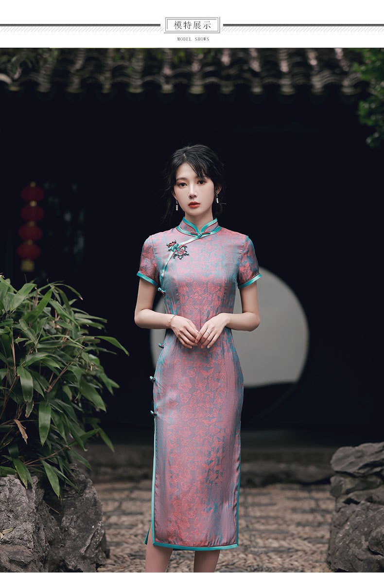 彪文旗袍民国老上海军阀太太旗袍裙复古长款妈妈婚宴婆婆礼服炫彩粉m