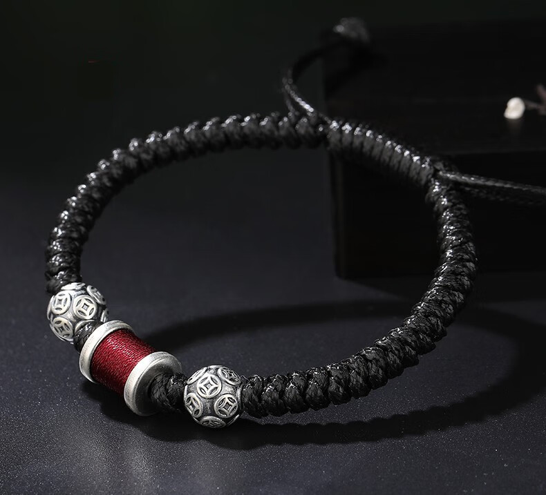 999银手链路路通转经筒西藏转运珠黑色平安手绳男生简约中国风编制3d