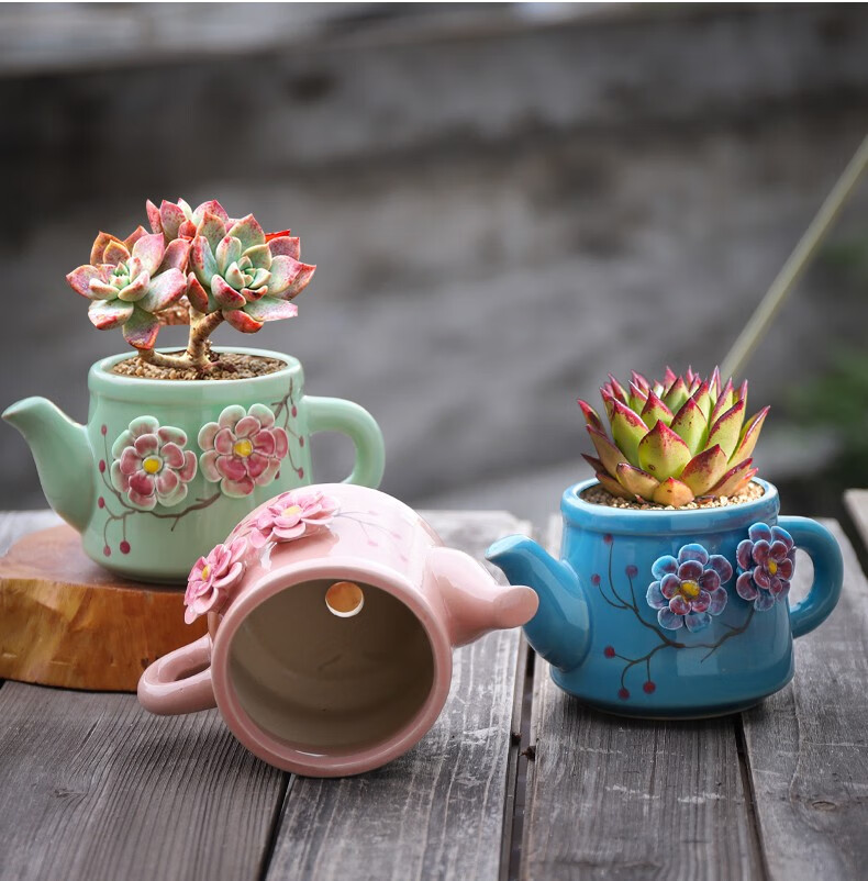 仟尚亿茶壶捏花花盆创意个性多肉花盆个性粗陶透气小号桌面装饰肉肉肉