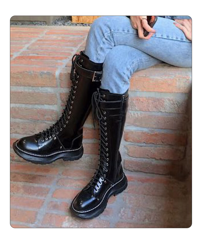 alexandermcqueen麦昆女鞋奢侈品女士小牛皮银饰长靴黑色1081355码