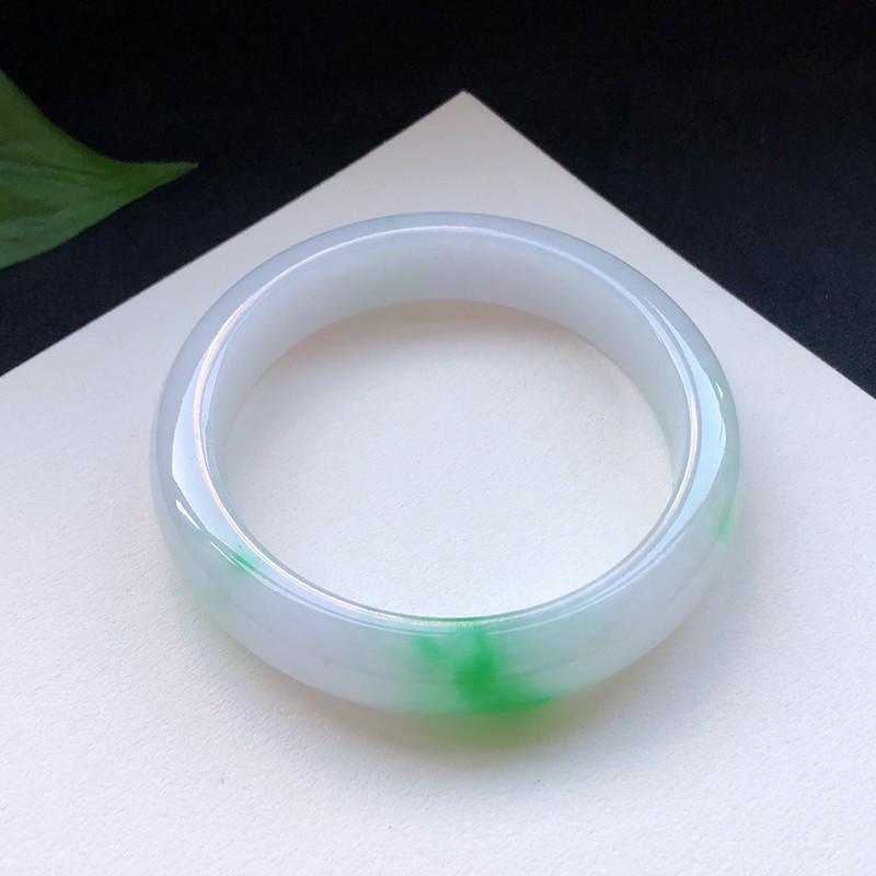 影享冰种飘花翡翠手镯阳绿玉手镯玉镯子圈口585手镯