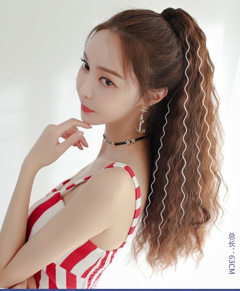 shangke玉米烫假发马尾女蓬松水波纹长卷发虎口爪夹式hiphop嘻哈小卷