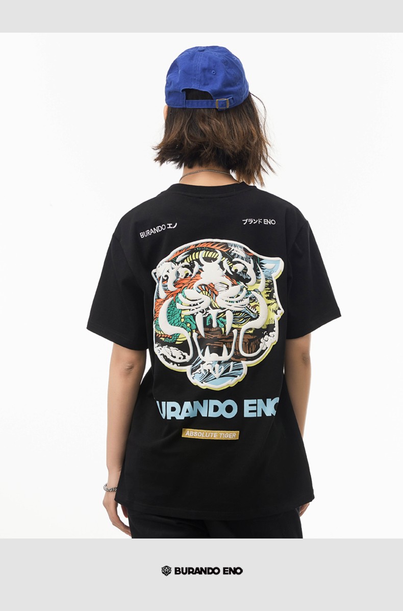 burandoeno潮牌虎头短袖t恤男印花情侣款白色t恤男女同款短袖男夏潮流