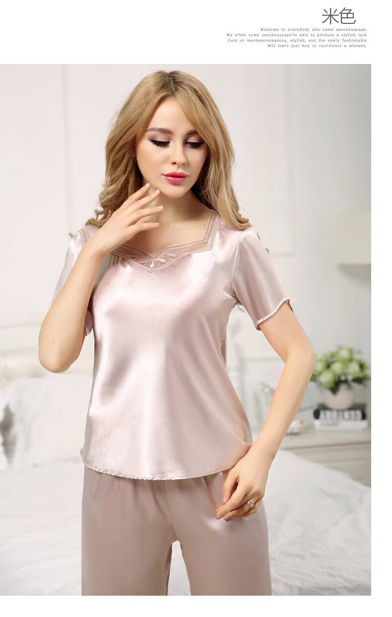 上海故事新款丝绸女式睡衣韩式两件套仿真丝睡衣短袖短裤套装雪芽色m