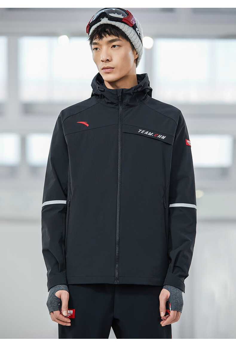 安踏运动外套男中国冰雪2022春季新款男士保暖连帽夹克防泼水4基础黑