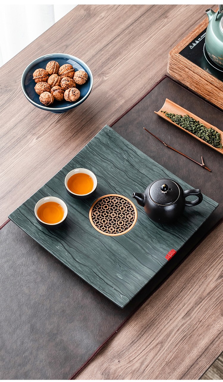 初石 现代简约木纹石茶盘中式苏窗镂空排水茶台茶楼会客创意功夫茶具