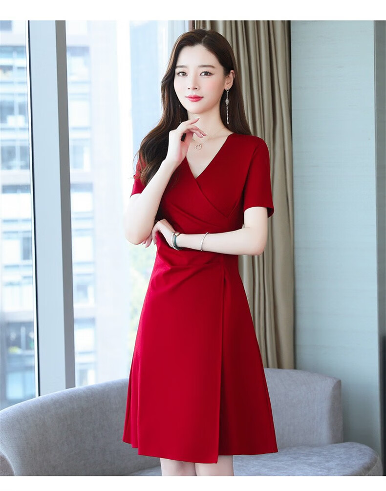 红色连衣裙女夏天薄款2022年新款韩版高腰收腹时尚百搭气质酒红裙子女