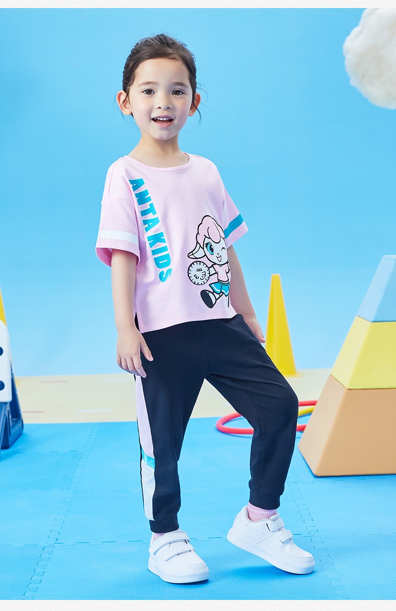 安踏童装官方旗舰运动上衣休闲女童短袖t恤2022年夏季新款女童针织衫