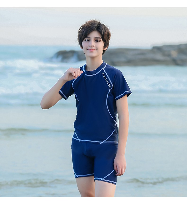 中大童学生大码男童分体平角泳裤套装游泳衣微胖男孩训练泳装 黑色