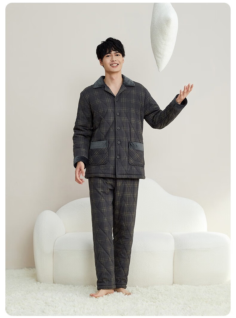 11预售】秋鹿睡衣男士秋冬季印花夹棉拼接翻领加厚保暖可外穿家居服