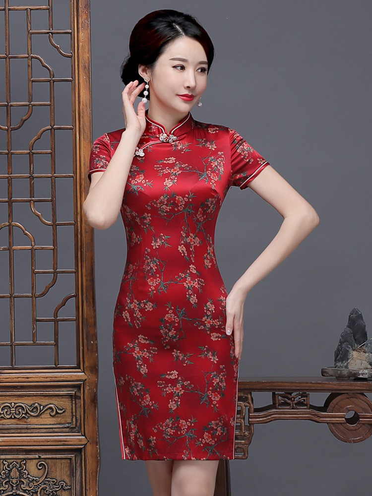 旗袍真丝妈妈装短款真丝旗袍连衣裙桑蚕丝短袖修身中式复古旗袍礼服