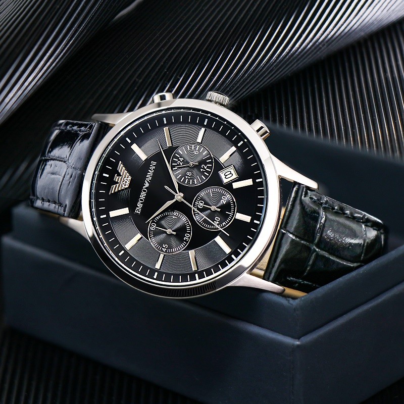 阿玛尼emporioarmani手表男商务时尚三眼计时皮带石英男表黑盘钢带ar