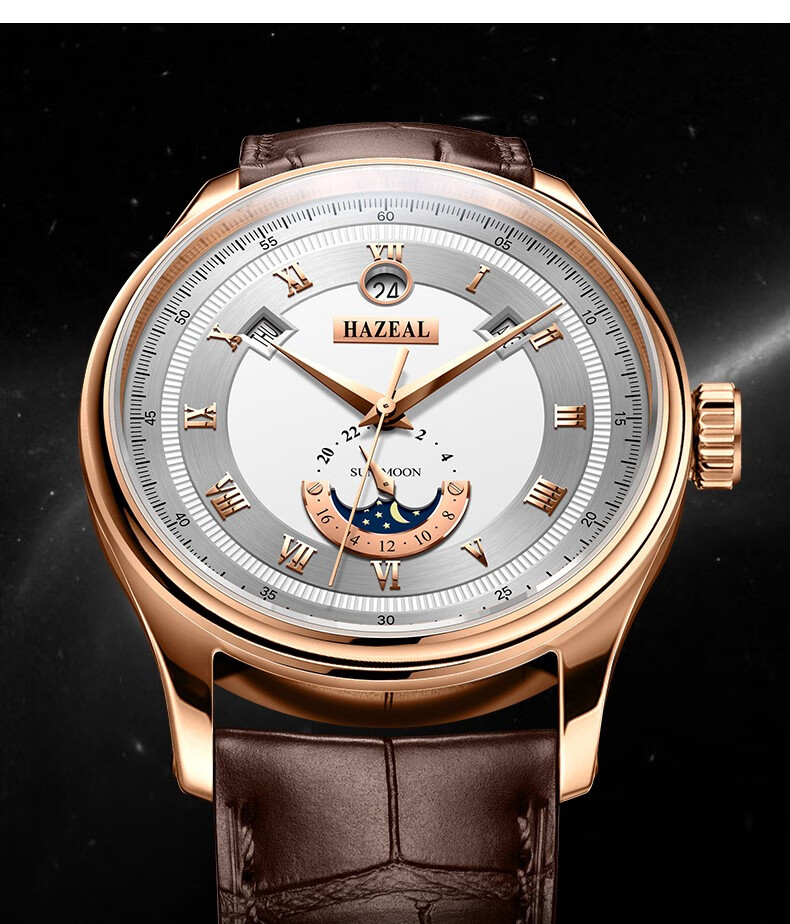 商务经典皮质男表 24小时小盘日历全自动机械手表男 玫壳黑面棕带