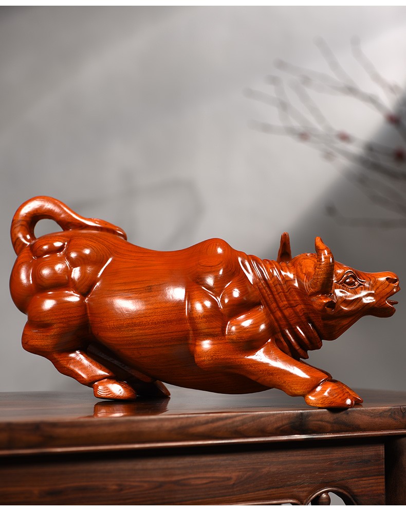 浣彩 花梨木木雕华尔街牛摆件招财风水牛气冲天办公室装饰品桌面摆件