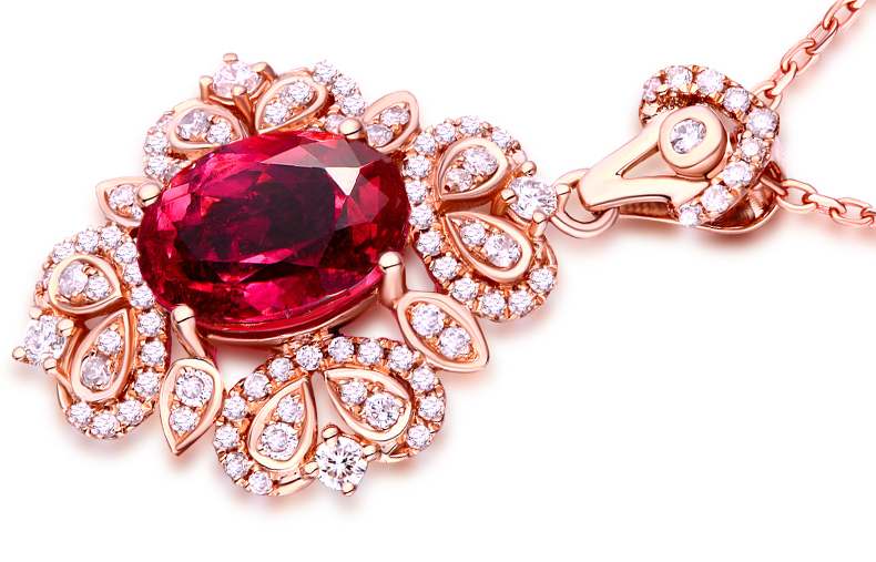 施洛菲迪 18k金镶嵌鸽血红碧玺40分钻石吊坠女带证书 彩色宝石项链彩