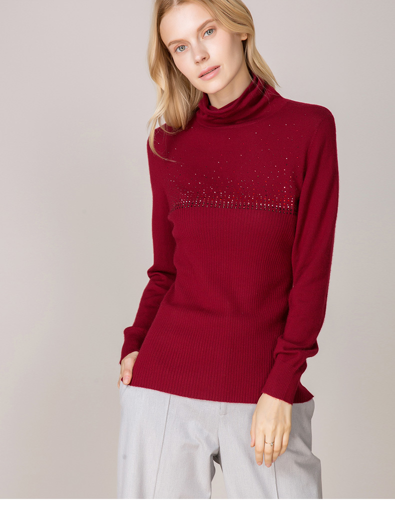 baykal贝加尔秋冬新款精纺羊绒衫女简约打底衫镶钻针织衫女套头高领堆