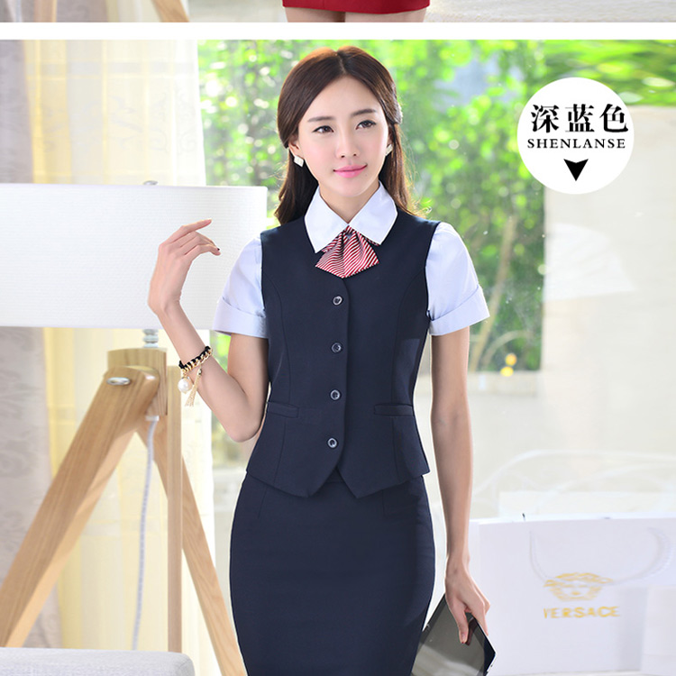 蔸莱芭 2015春职业西装女式马甲套装女士银行工装工作服薄款马夹背心 深蓝色马甲+裙子 XL