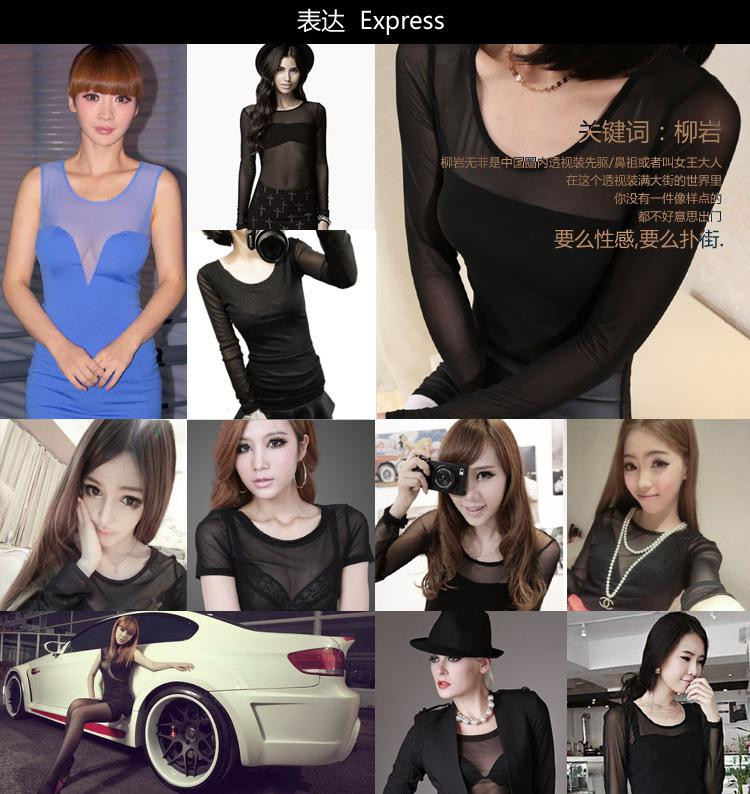 
                                        鱼儿的梦2017秋新款女性感修身t恤长袖T恤女 透视网纱打底衫女莫代尔打底衫网纱袖女 黑色   长款 80cm 均码                
