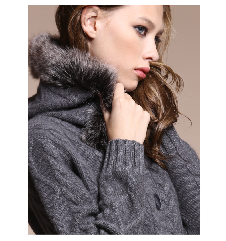 baykal/贝加尔狐狸毛连帽中长款羊绒衫 单排扣开衫外套 11470 沙褐色