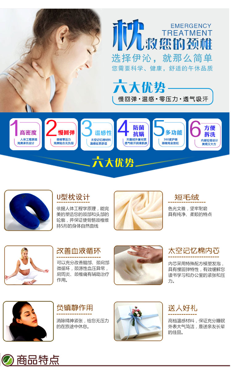 优阁调快回弹记忆棉护颈枕U型枕坐垫美臀垫护腰垫腰靠腰托零压力靠垫坐垫颈枕 宝蓝腰靠