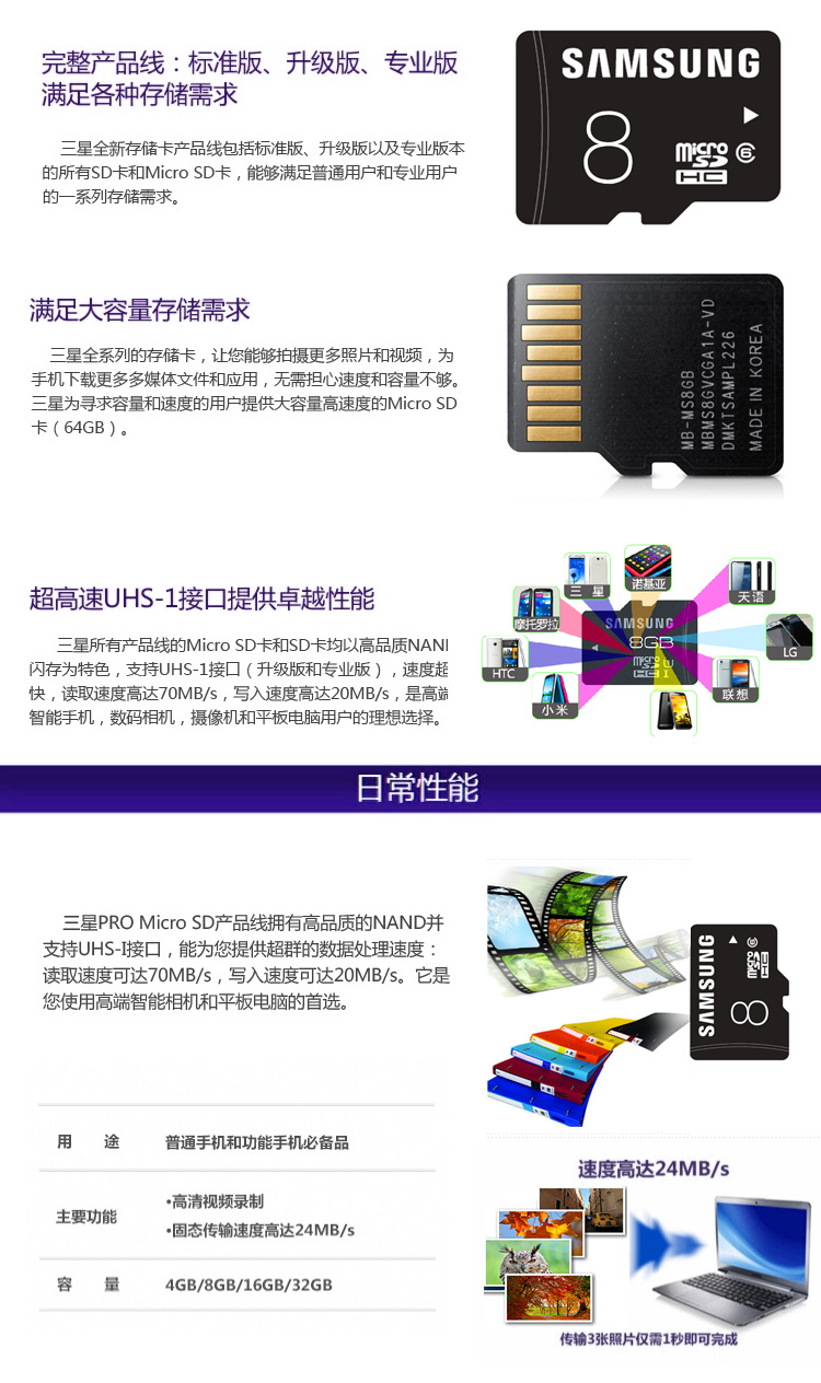三星 8g内存卡 TF卡 储存卡 micro sd卡 手机卡 内存卡8g正品