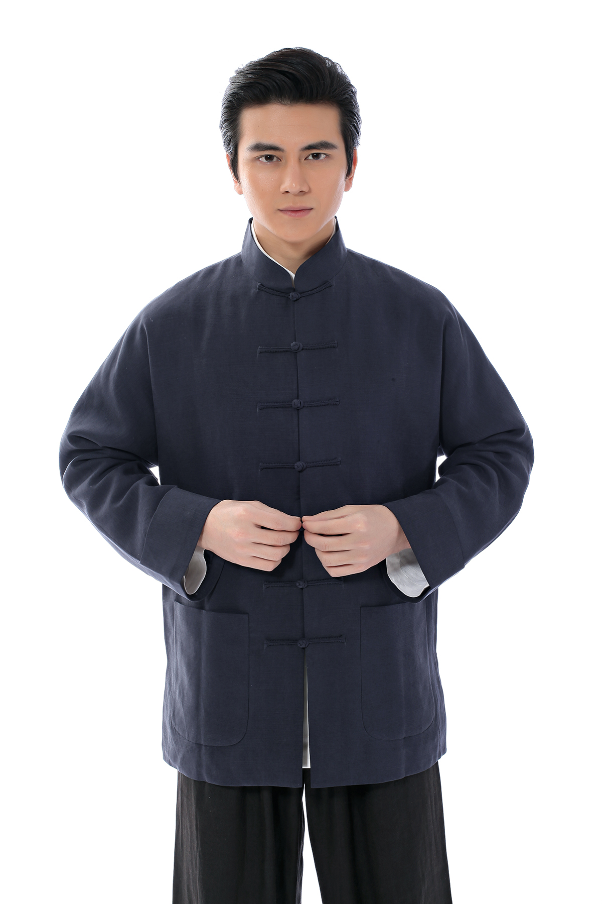 先派春秋唐装男士长袖中式礼服丝麻中国风外套复古传统连袖上衣 黑色