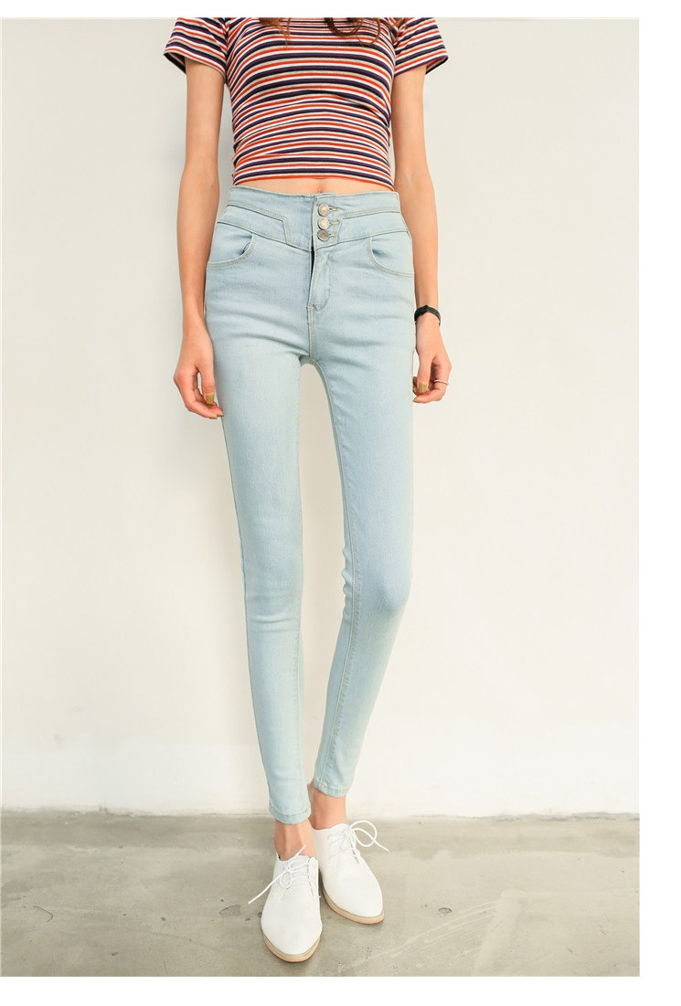 想要iwanna 2015春夏韩版浅色高腰做旧牛仔铅笔裤小脚裤女 浅蓝色 30